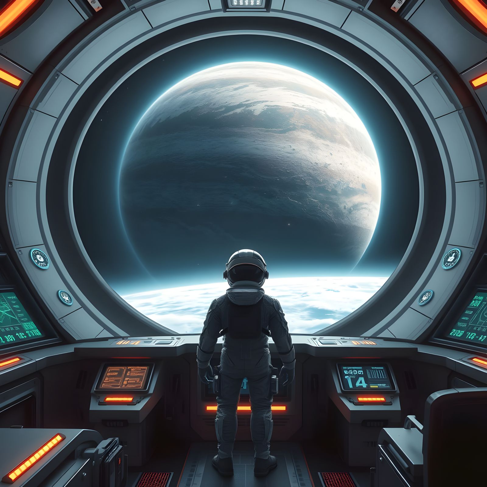 Futuristic Spaceship Command Bridge in Cyberpunk Style