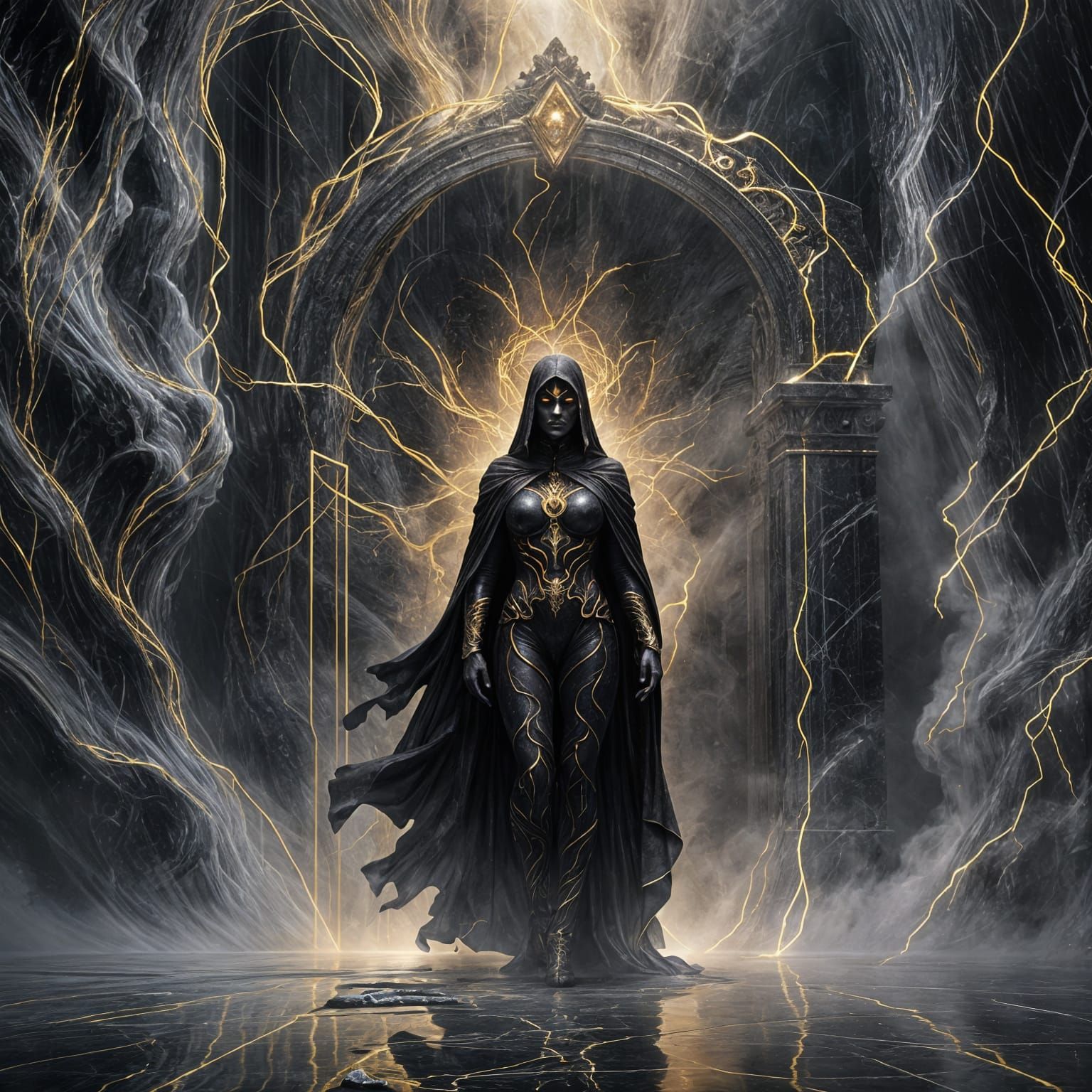 Monumental Marble Portal with Shadowy Guardian
