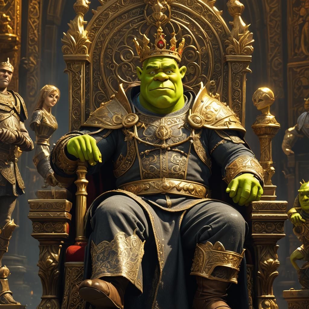 Shrek as King on Golden Throne, Dark Fantasy Art
