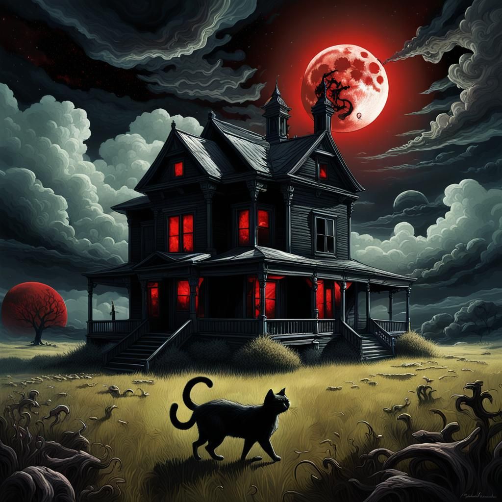 Mysterious Night Scene with Shadowy Demons and a Blood Moon