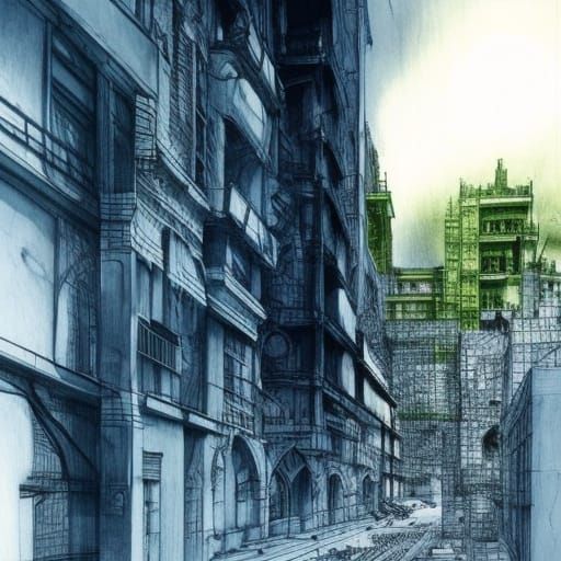 Colorful One-Point Perspective Cityscape in Technical Pen