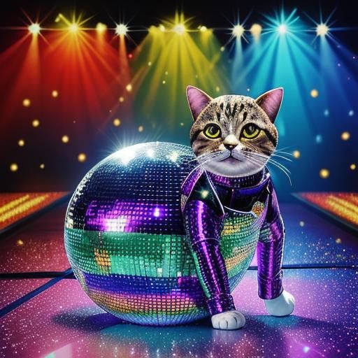 Cat Disco Dancer on Dance Floor with Disco Ball