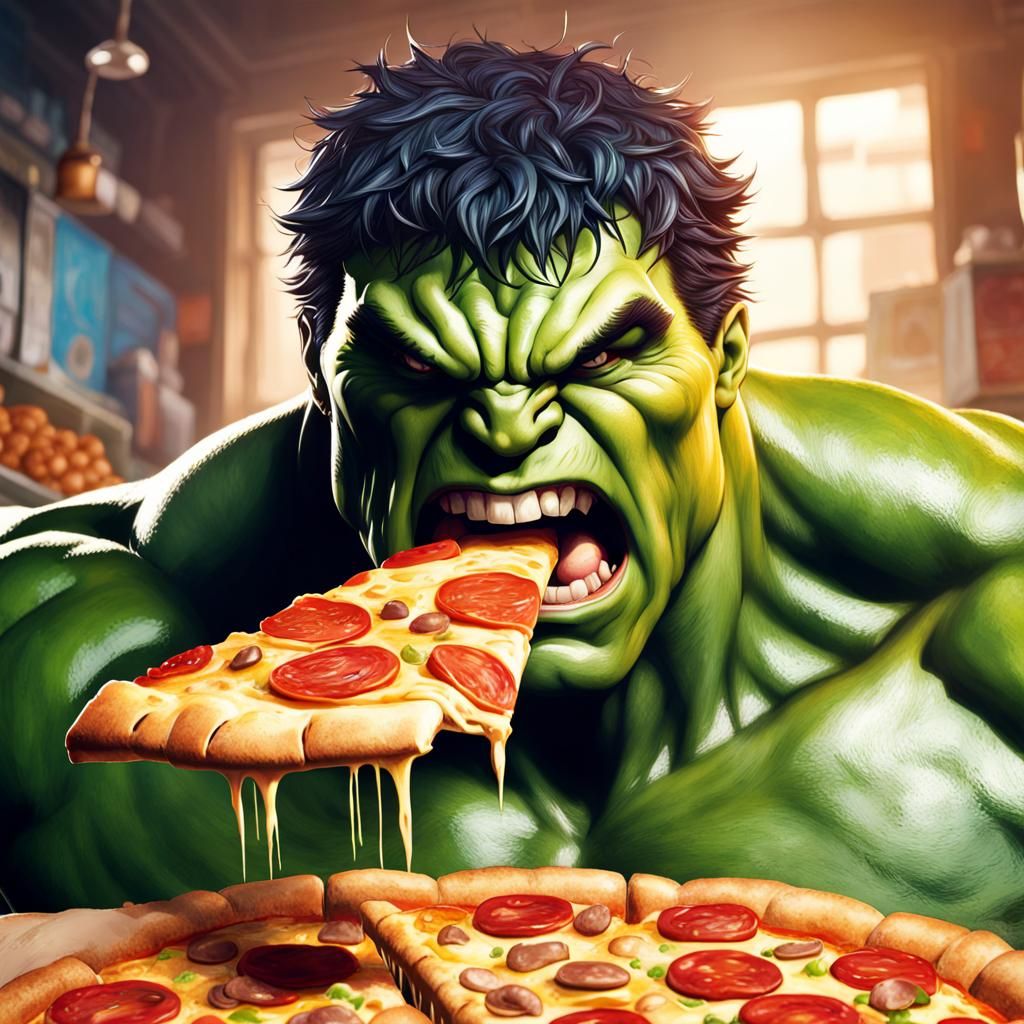 Hyperrealistic Hulk Eats Pizza: Splash Art Concept