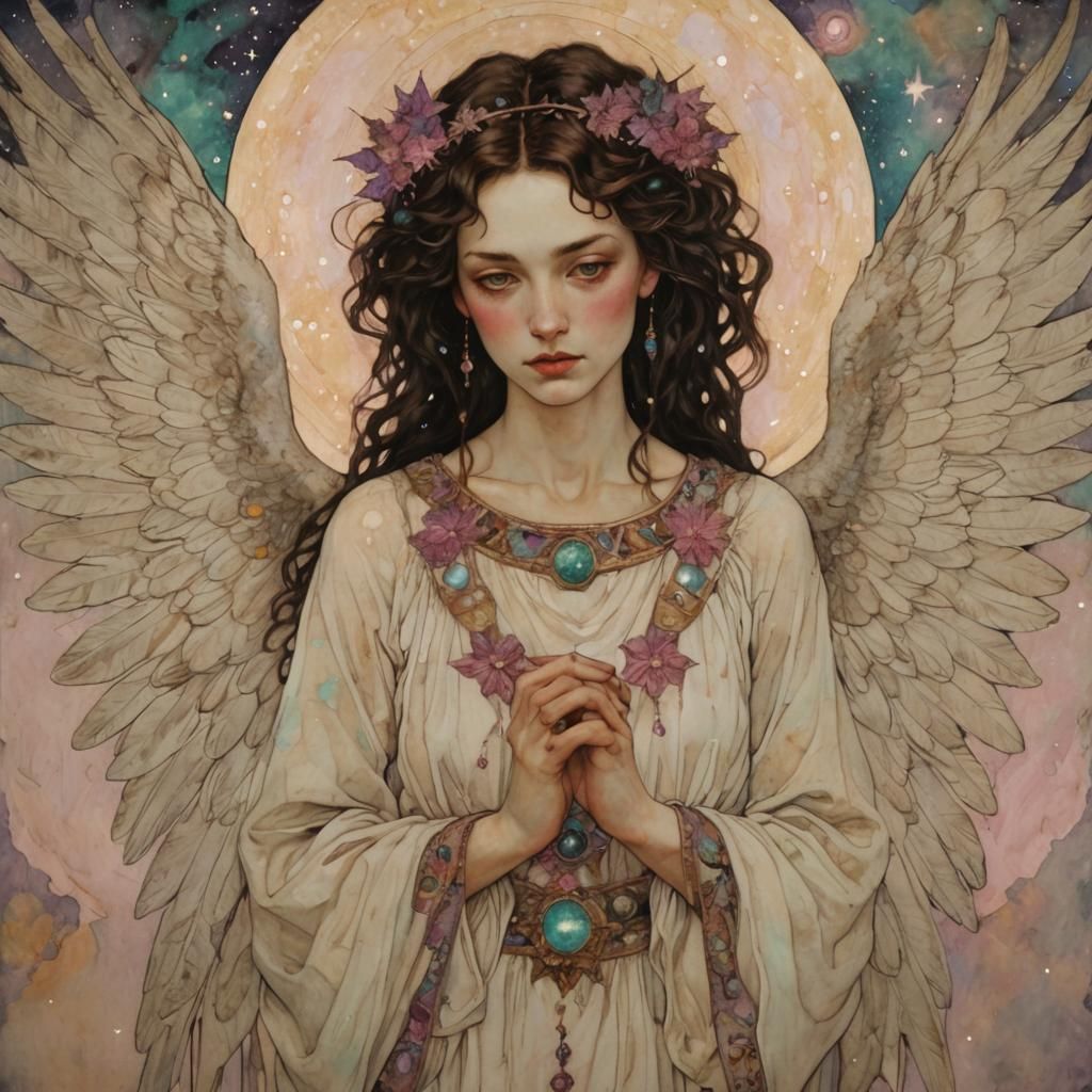 Ethereal Cosmic Angel with Silver Stars