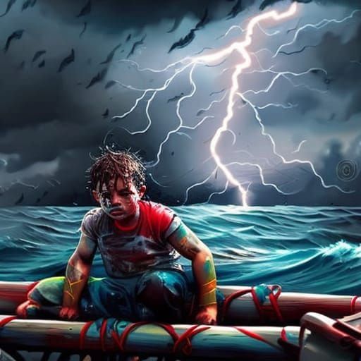 Scared boy drifted at sea