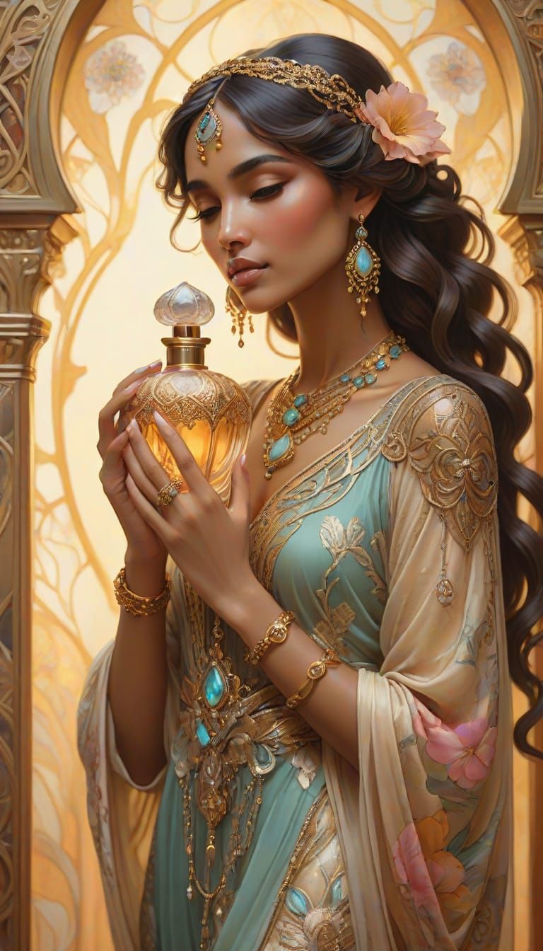 Art Nouveau Woman with Perfume Bottle