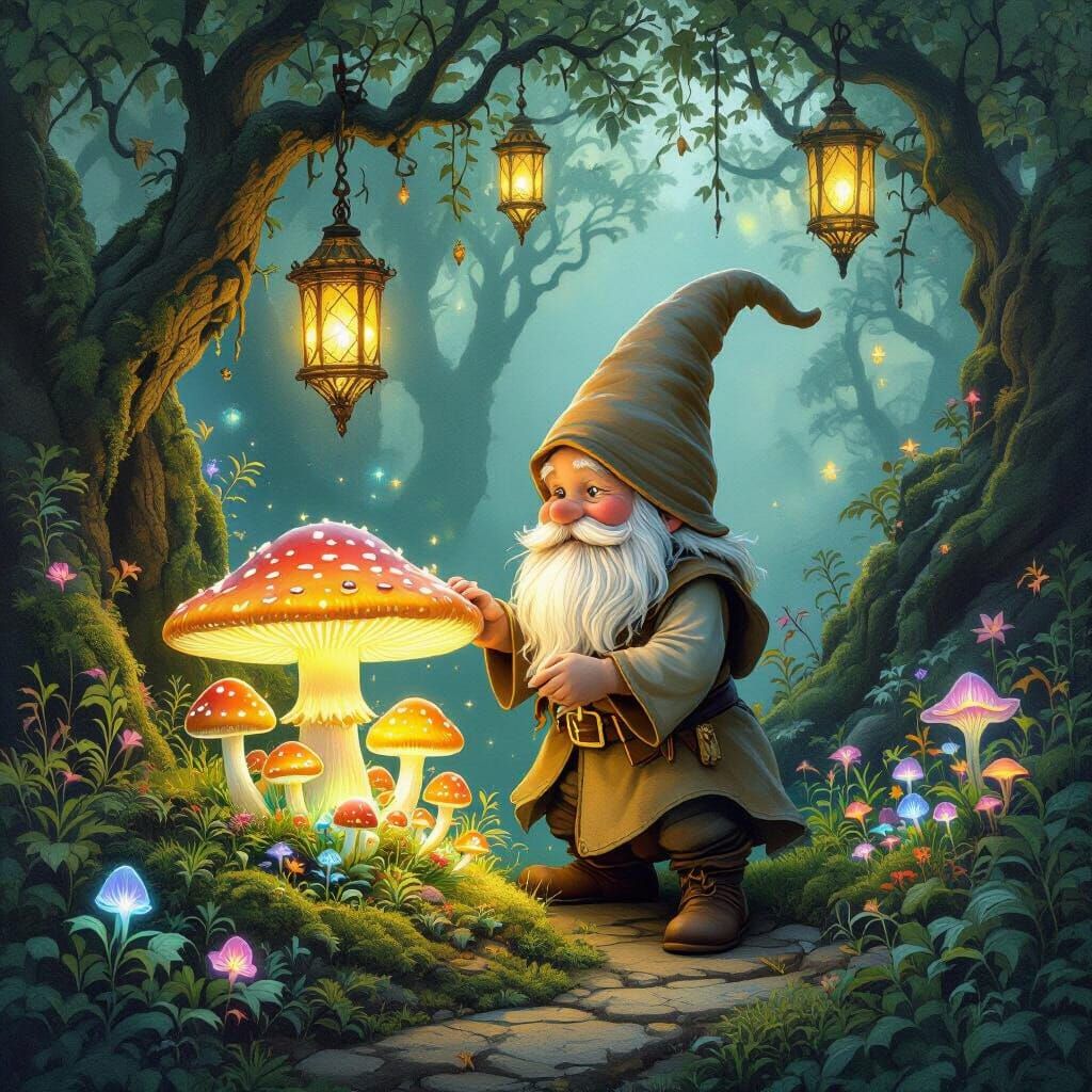 Bioluminescent Mushroom Garden: Whimsical Gnome's Fantasy