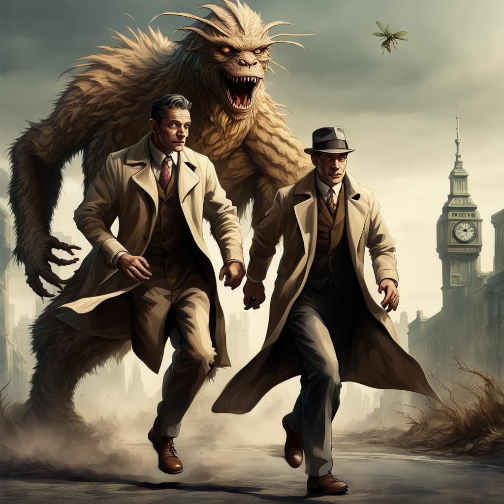 Detective and Sasquatch Escape Dragon-Mantis Creature