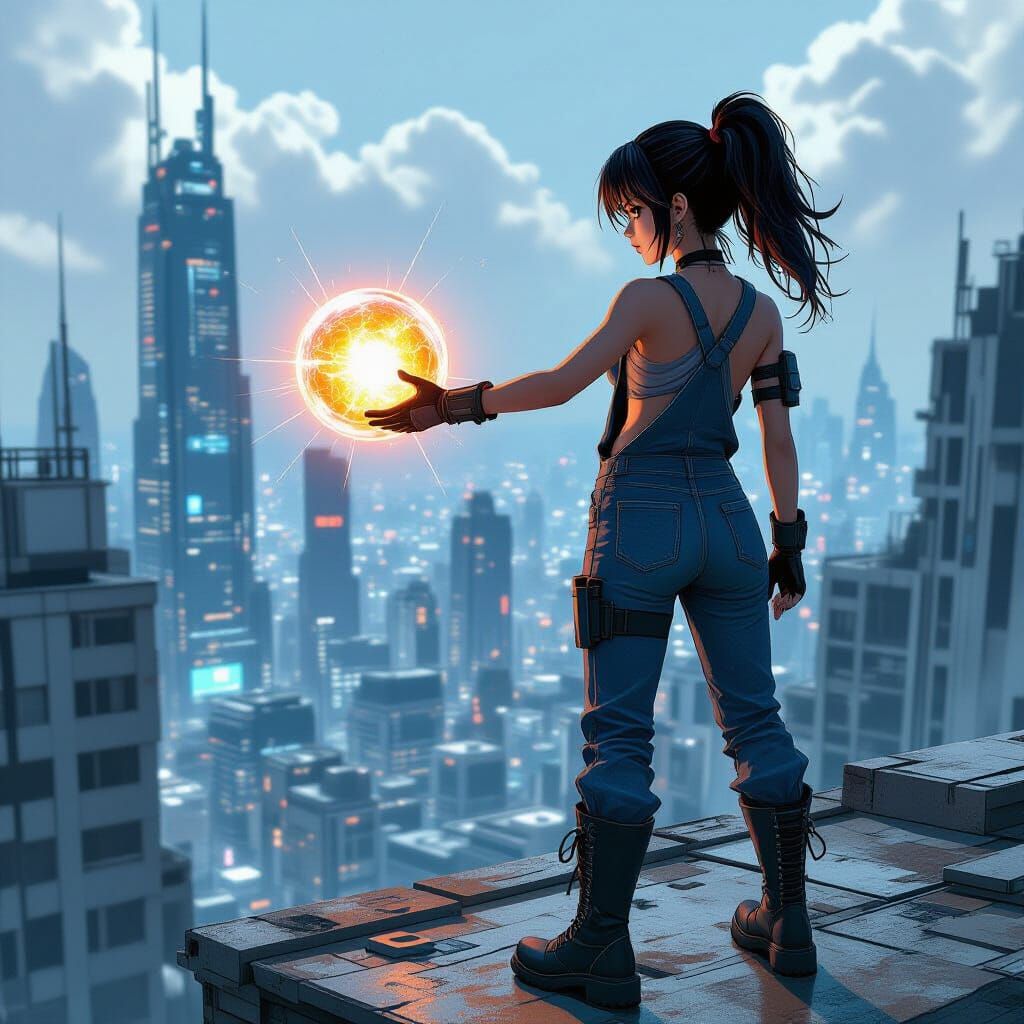 Anime Woman Overlooking Megacity, Holding Energy Ball