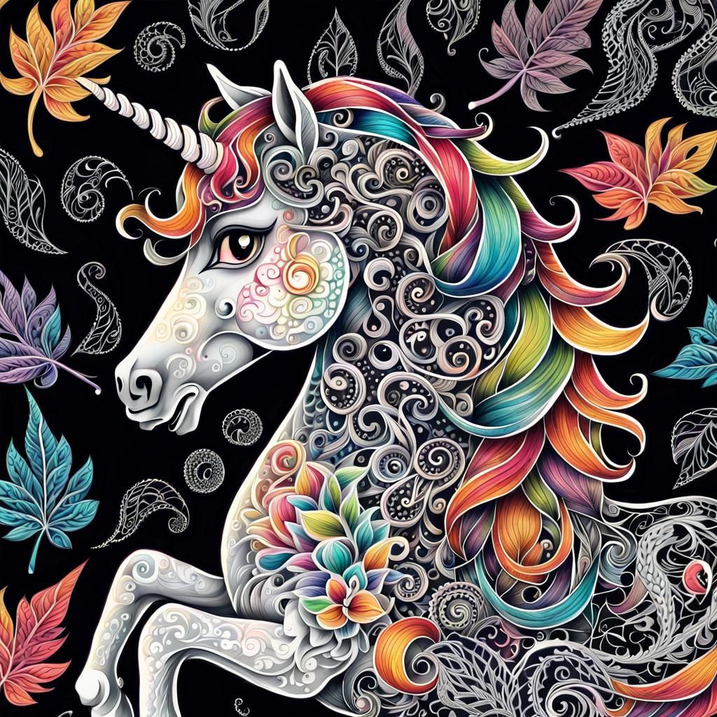 Colorful Zentangle Unicorn Tattoo in Lacy Filigree