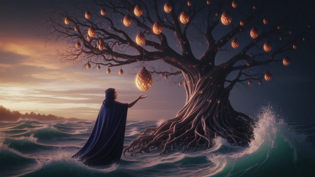 Ancient Tree of Life with Golden Fruit in Art Nouveau Style