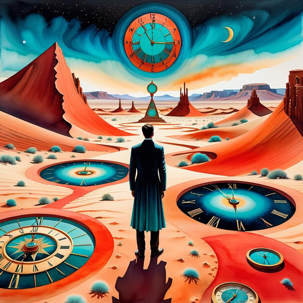 Desert Timekeeper: Laffoley-Inspired Watercolor Dreamscape