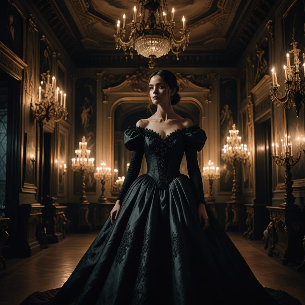 Young Woman Embraces Eerie Serenity in a Haunted Mansion