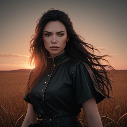 Cinematic Film Still of Woman in Field at Sunset