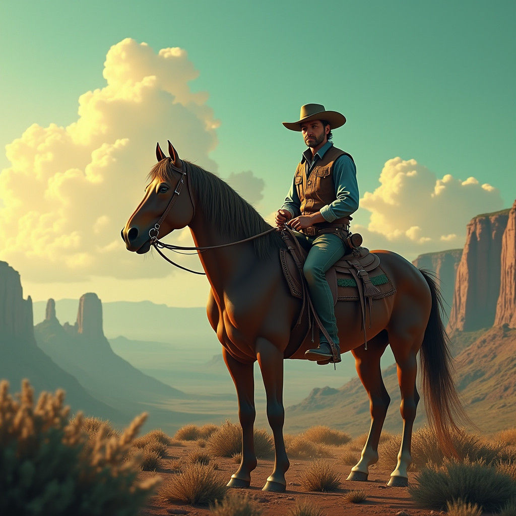 Cowboy and Horse in Dreamlike Western Landscape