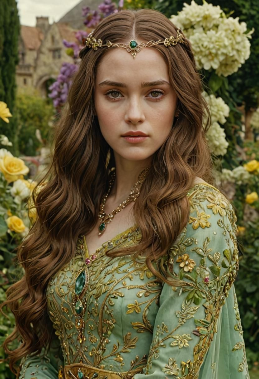 Medieval Lady in Luxurious Garden, Photorealistic Painting