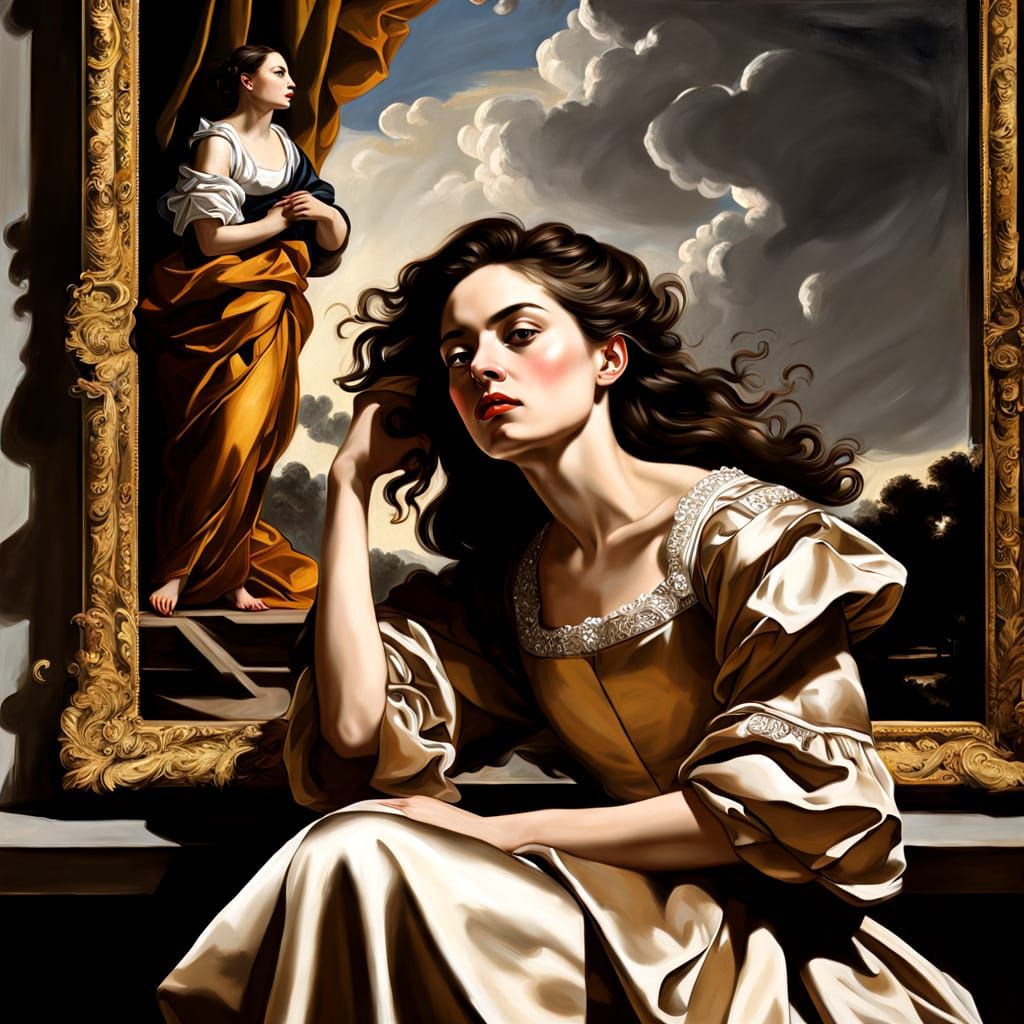 Baroque Painting of Woman in Shimmering Satin Dress