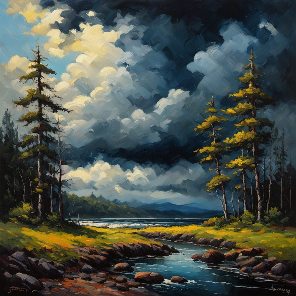 Moody Oil Painting of Dark Wooded Shores
