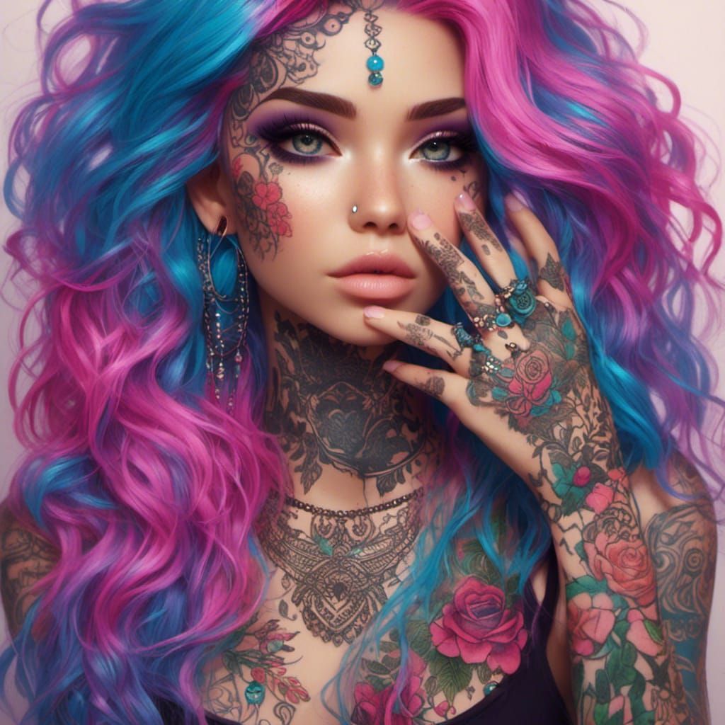 Cyberpunk Woman with Henna Tattoos and Colorful Hair