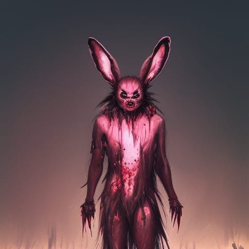 Demonic Pink Were-Rabbit in Field of Skulls
