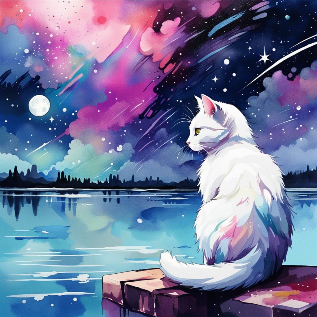 Vaporwave Cat Gazing at Stars Watercolor Painting