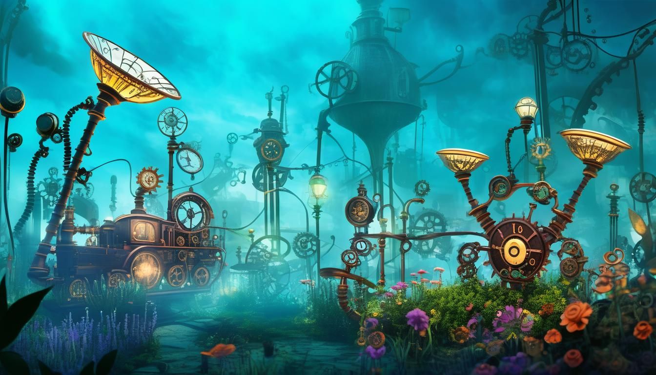 Steampunk Garden with Gears and Mechanical Plants
