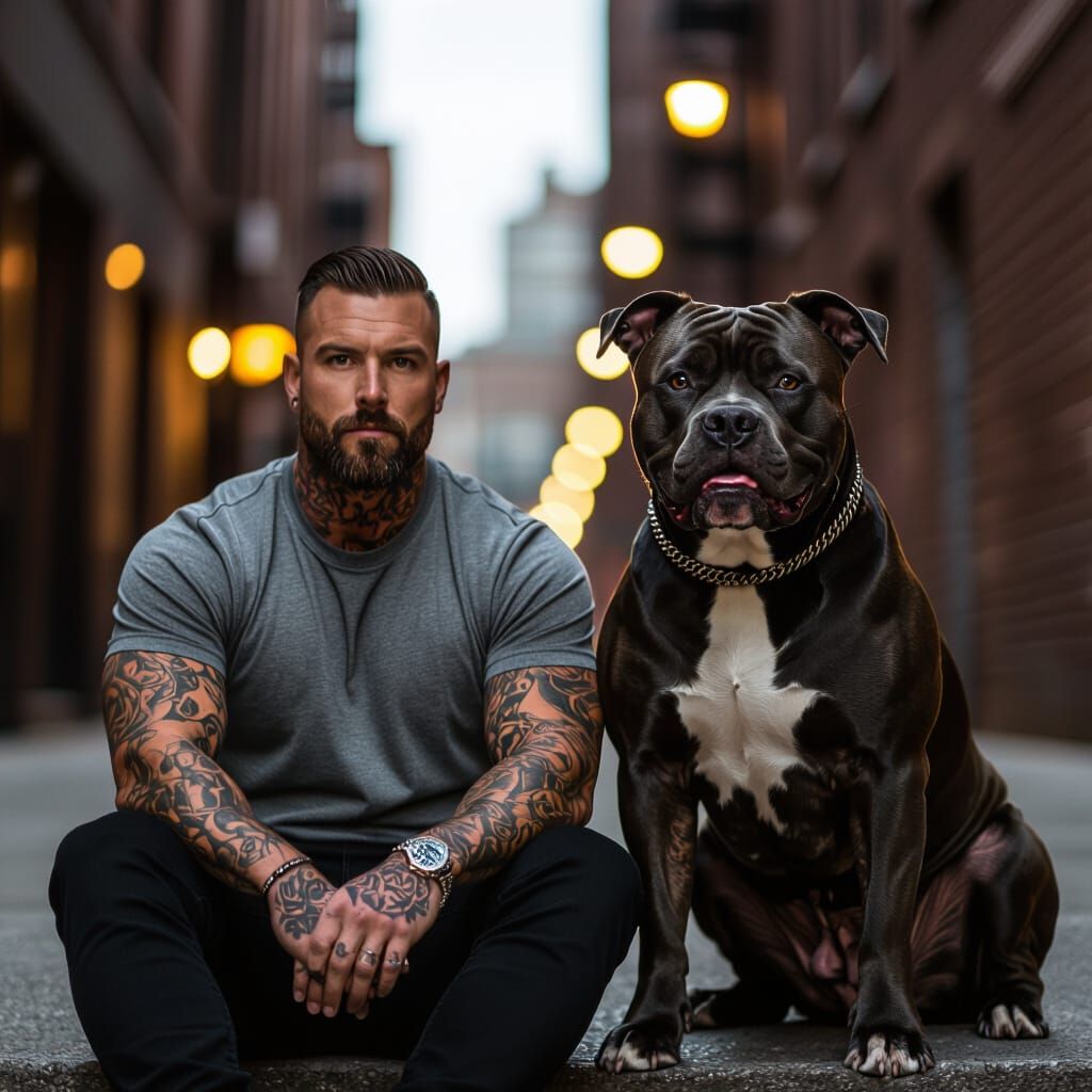 Man and Majestic Pitbull in Urban Portrait
