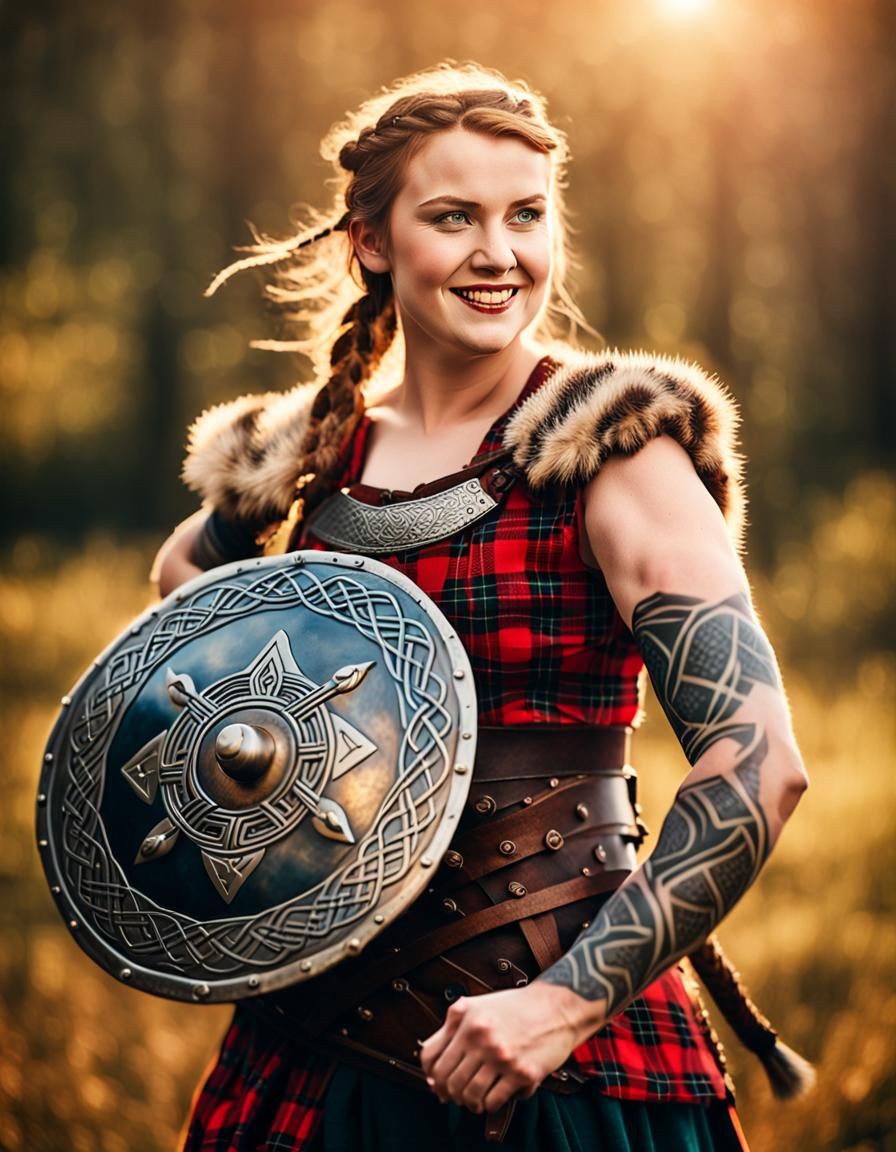 Viking Shield Maiden Portrait with Knotwork Tattoo