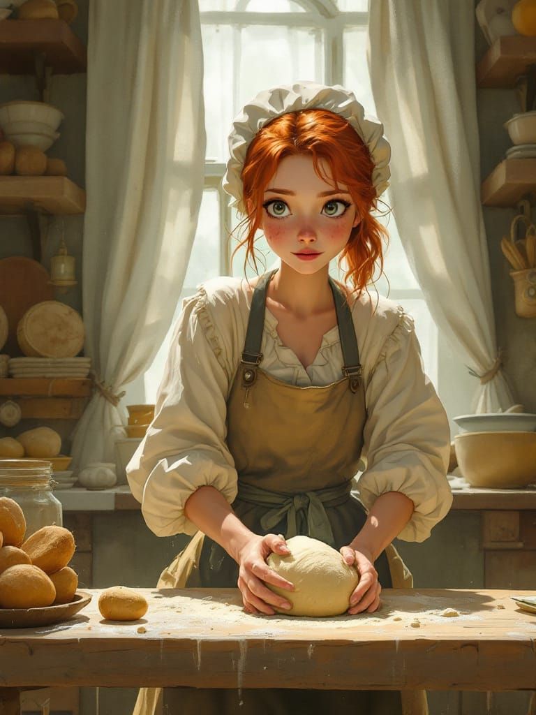 Redhead Baker Kneading Dough in Muted Kitchen