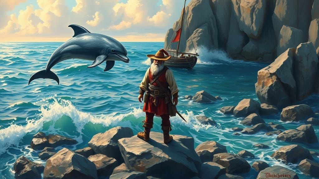 Sailor and Dolphin Meeting on Rocky Coastline