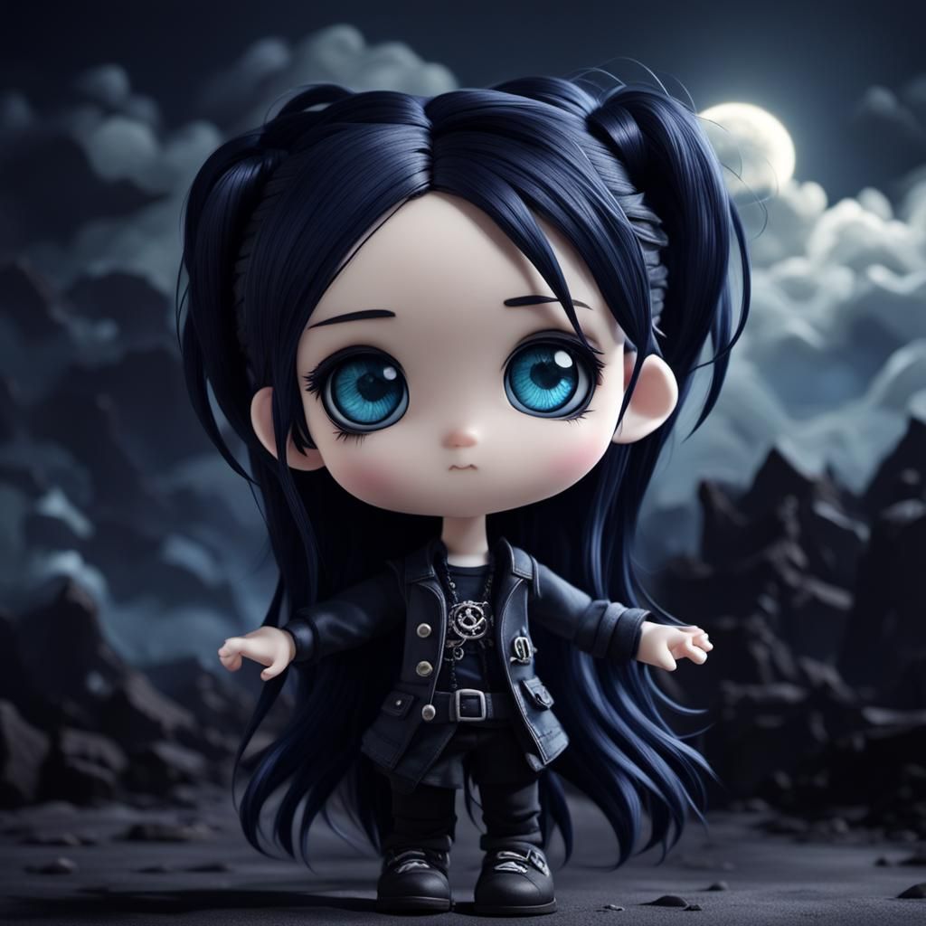 Goth Chibi Claymation with Dark Blue Eyes