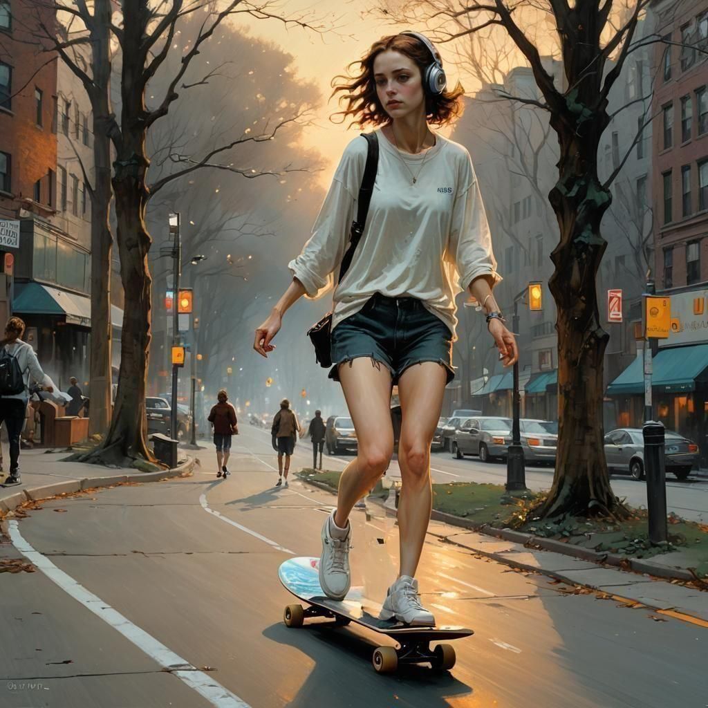 beautiful girl listening to music as she skateboarding