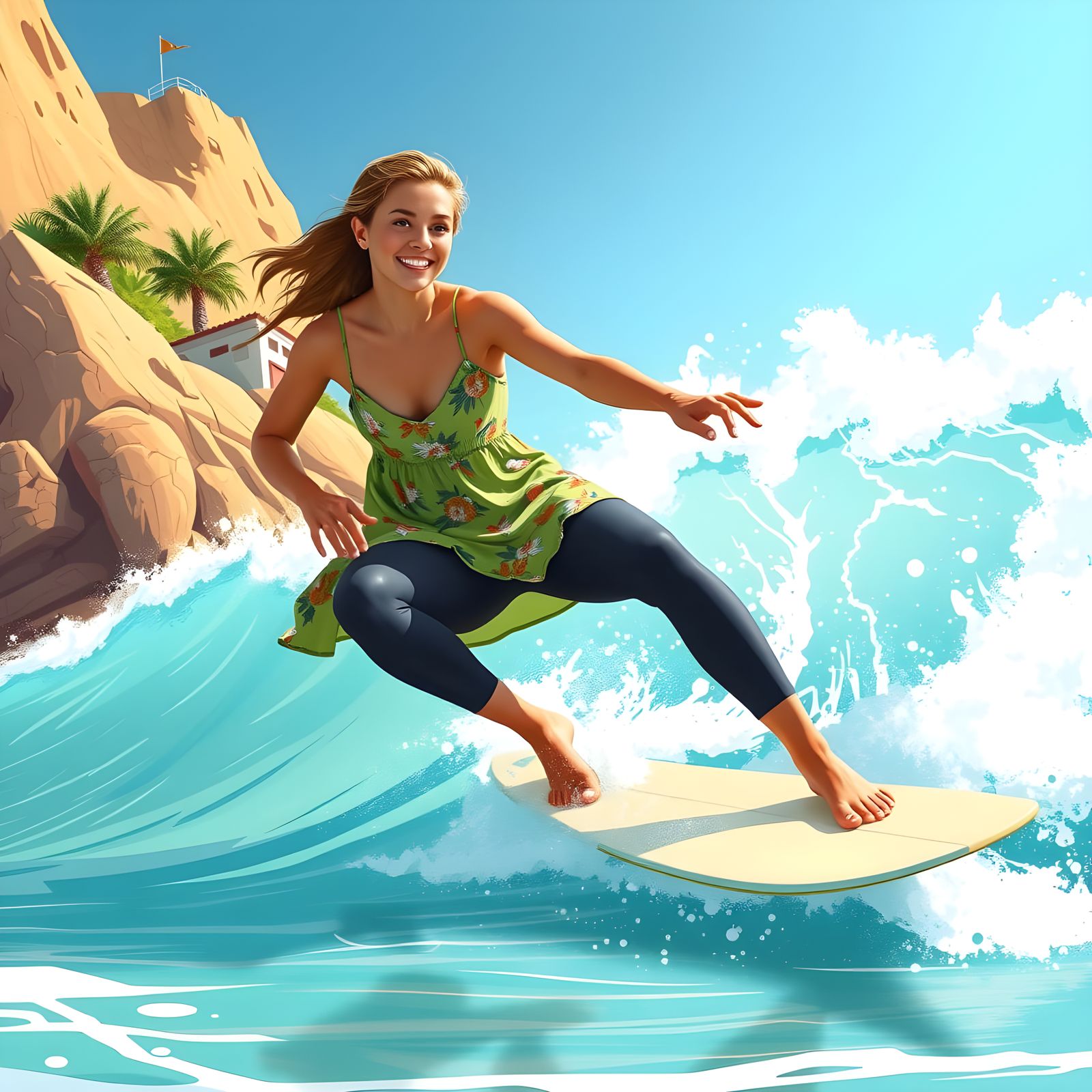 Surfer Girl Rides a Wave in Sunshine