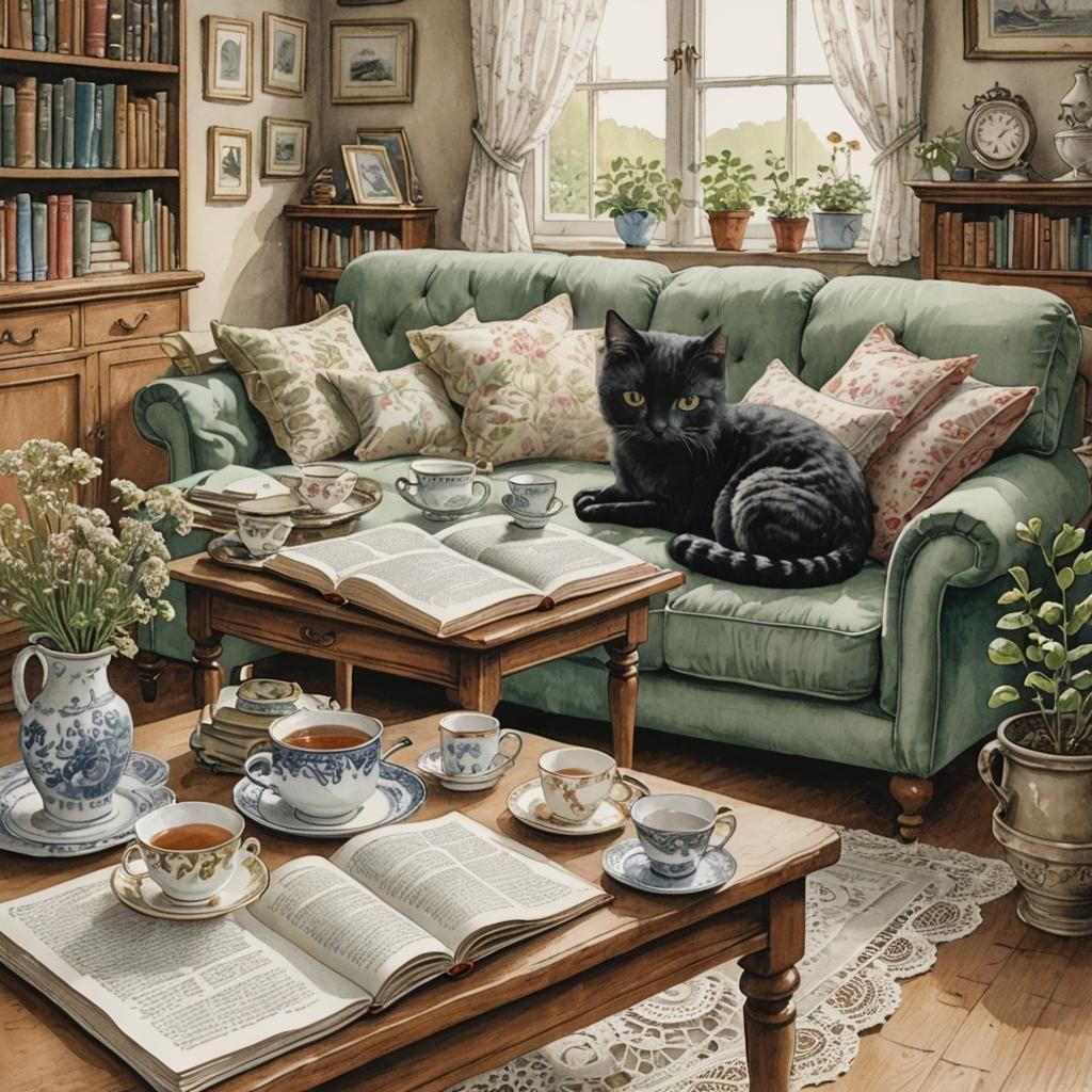 Cozy Home Scene with Sleeping Cat: Watercolor Illustration
