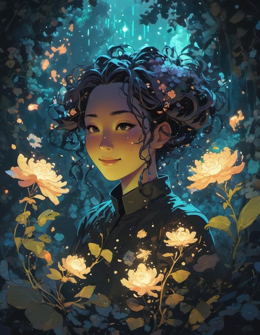 Anime Girl Casting Magic Surrounded by Flowers