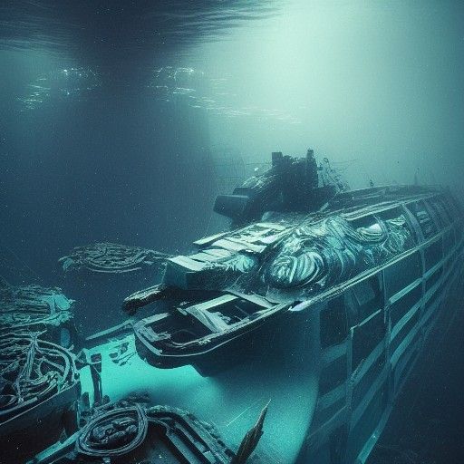 Underwater Trainwreck: Bioluminescent Deep-Sea Fantasy