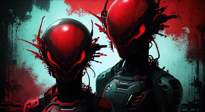 Alien Glitch Art in Crimson Red