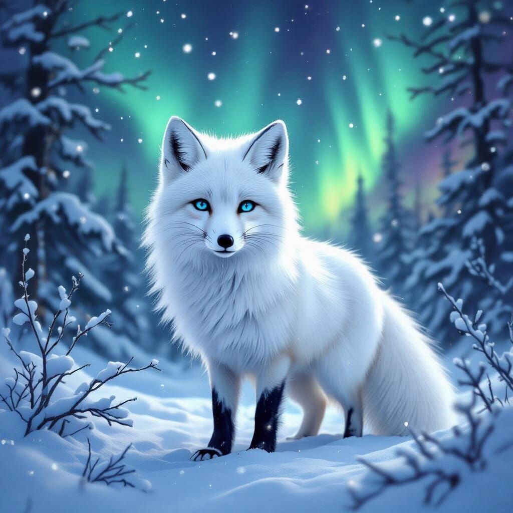 Arctic Fox Under Aurora Borealis in Snowy Forest