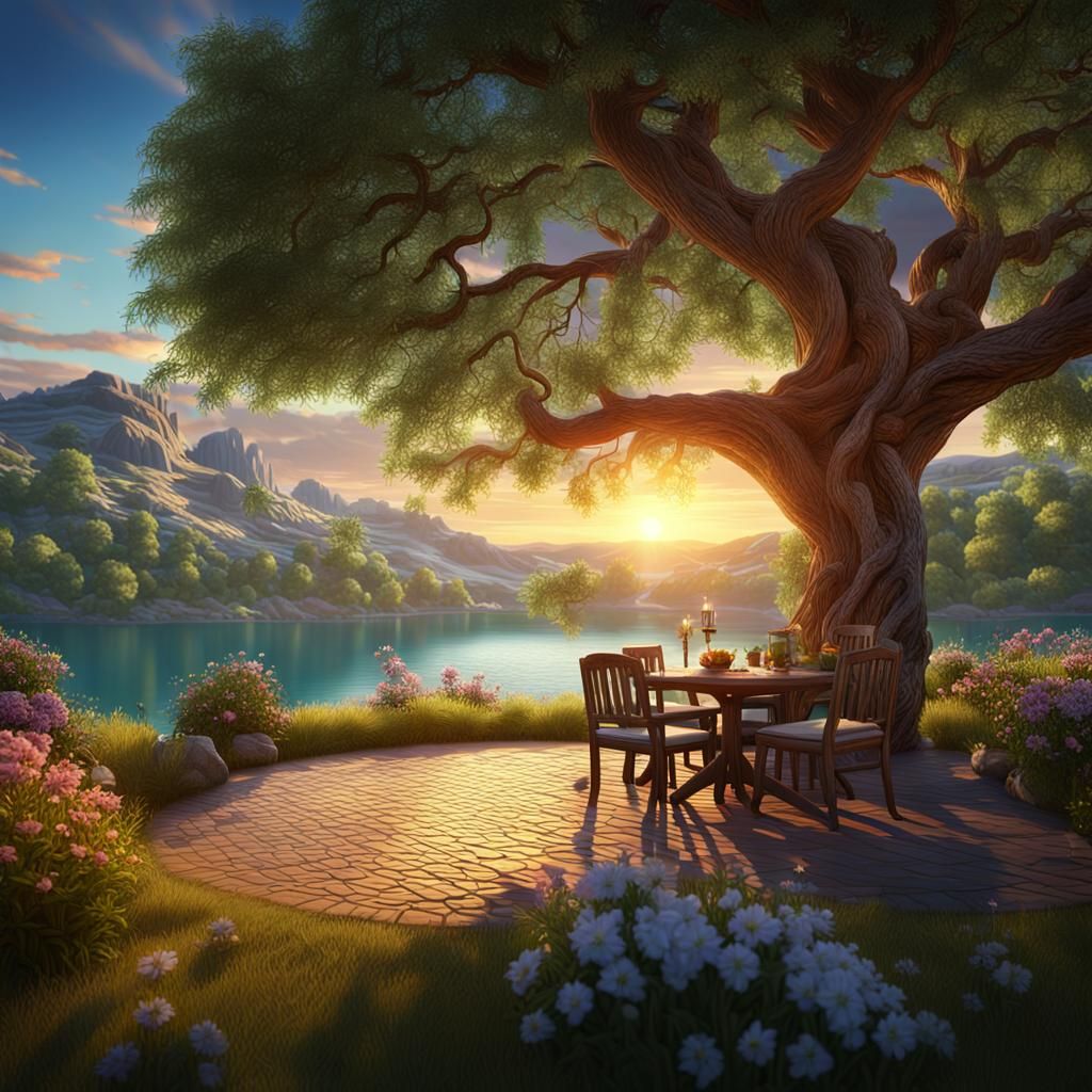 Sunset Patio Overlooking Lake, Detailed Matte Painting