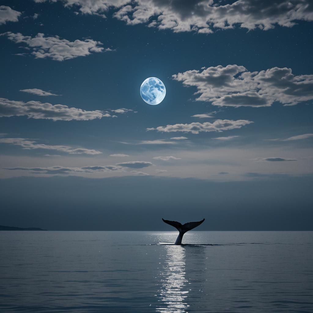 Blue Moonlit Waters with Whale Tail
