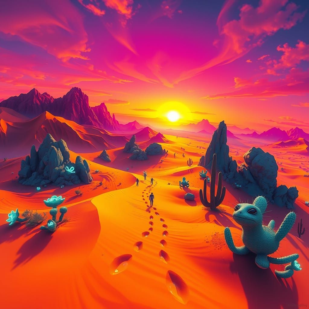 Surreal Desert Sunset with Alien Caravan, Digital Art
