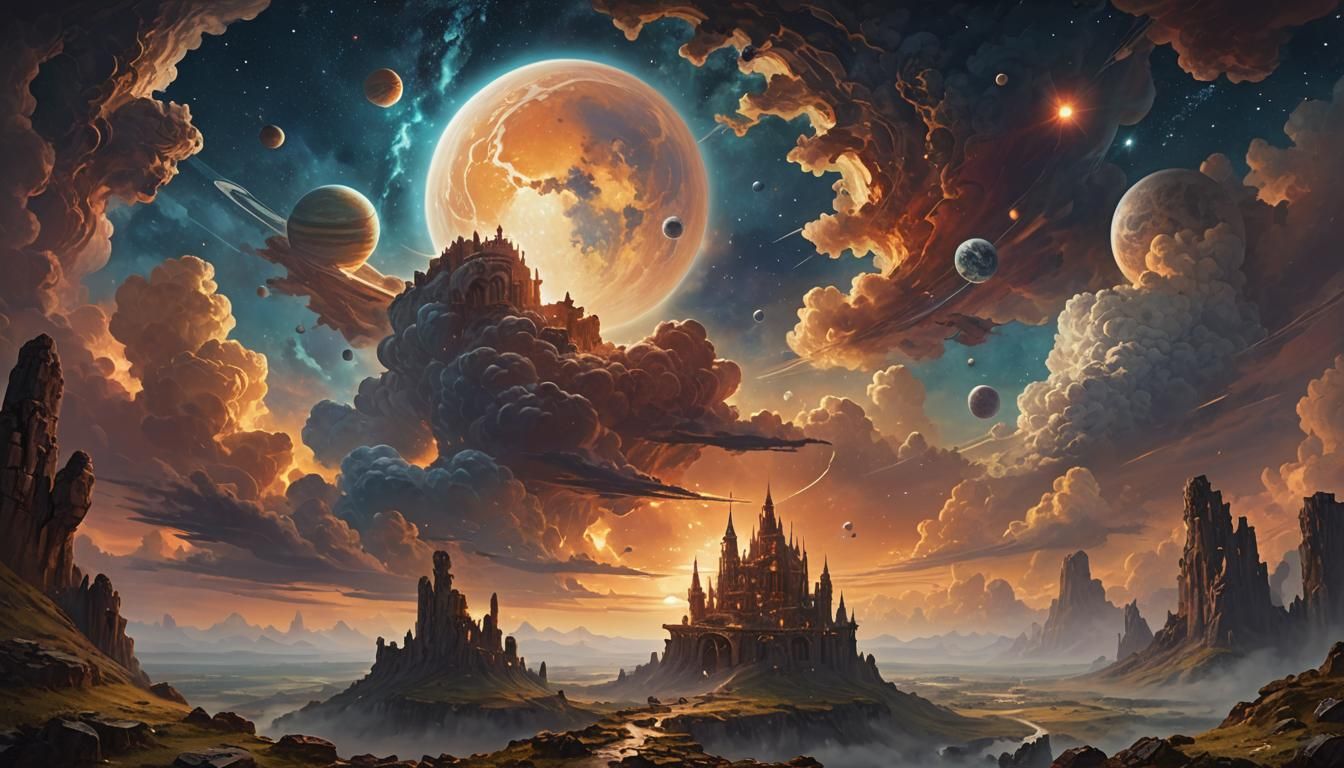 Dramatic Fantasy Cloudscape Oil Painting with Planets
