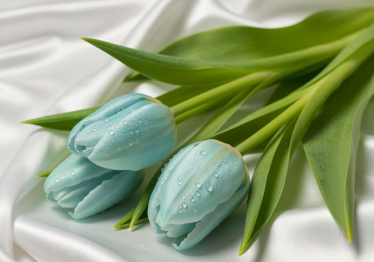 Dreamy Pale Blue Tulips on White Satin