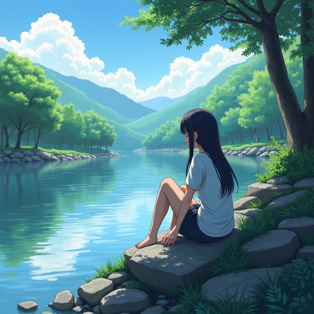 Anime Character Contemplating by River