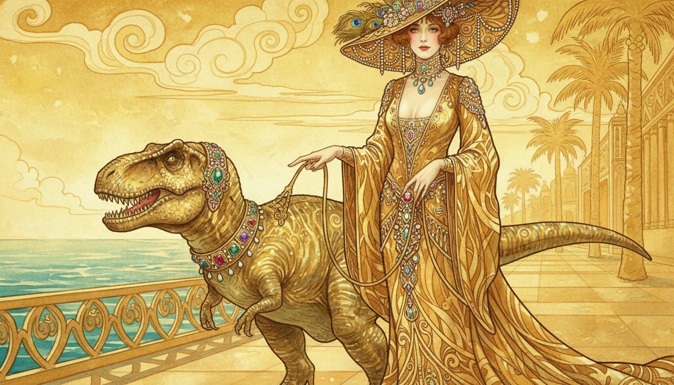Glamorous Woman Leads T-Rex on Promenade in Art Nouveau Styl...