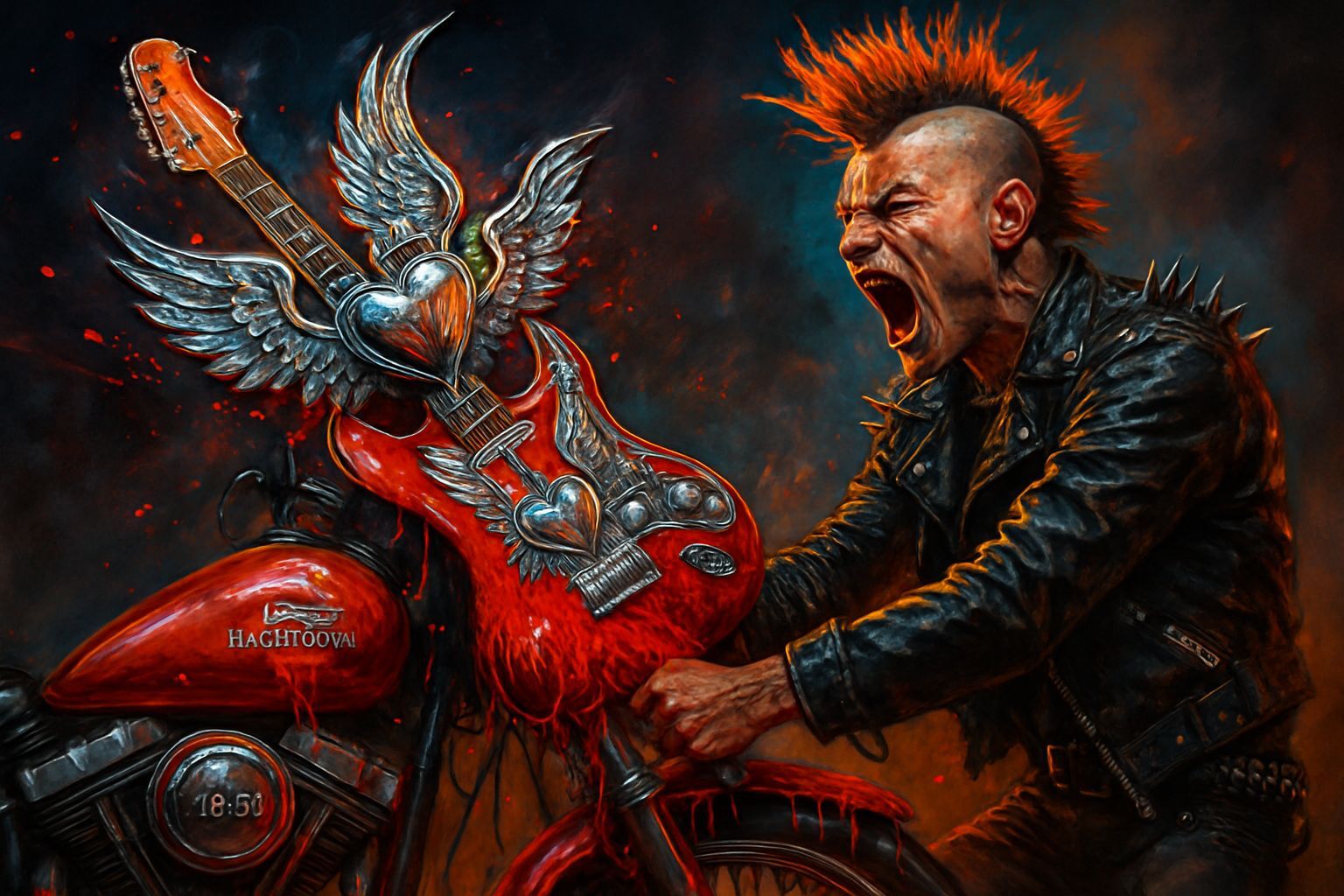 Punk Rocker Smashing Guitar on Motorcycle with Chrome Heart