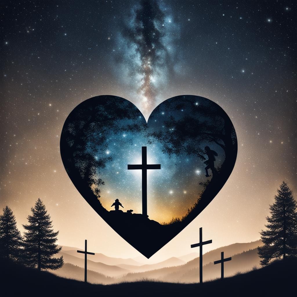Heart and Cross Silhouette in Starry Night