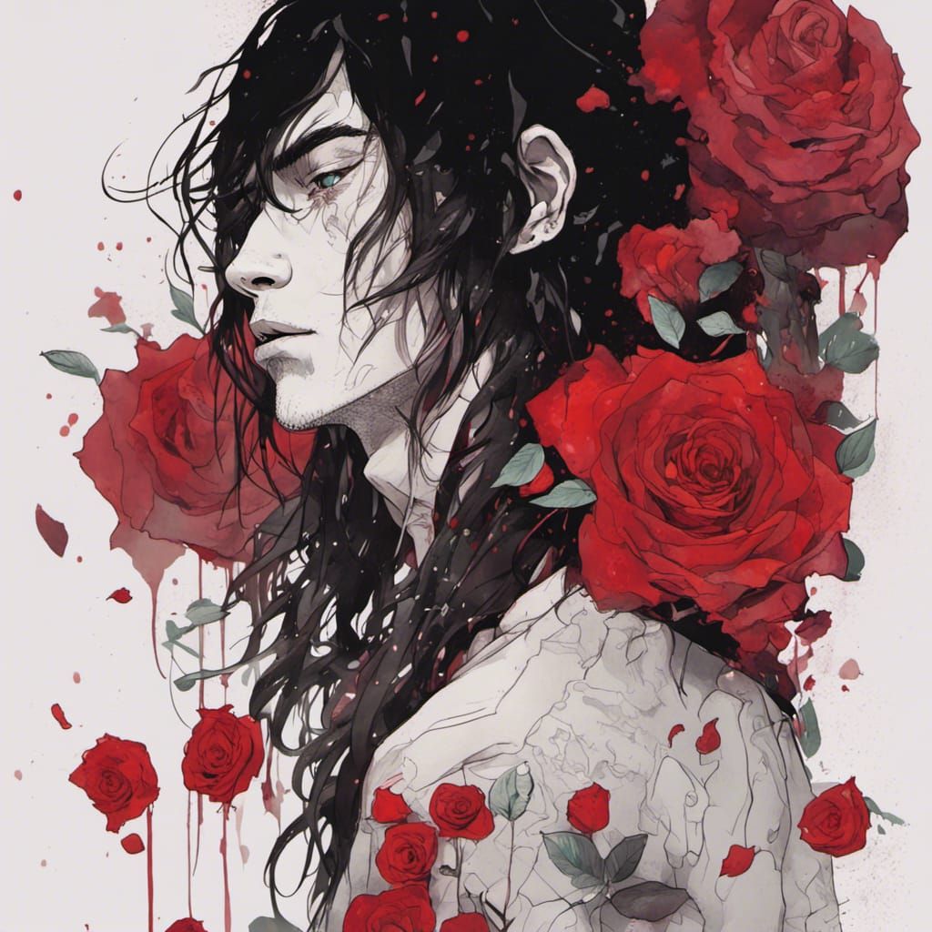 Tattooed Man Surrounded by Roses: Anime Style