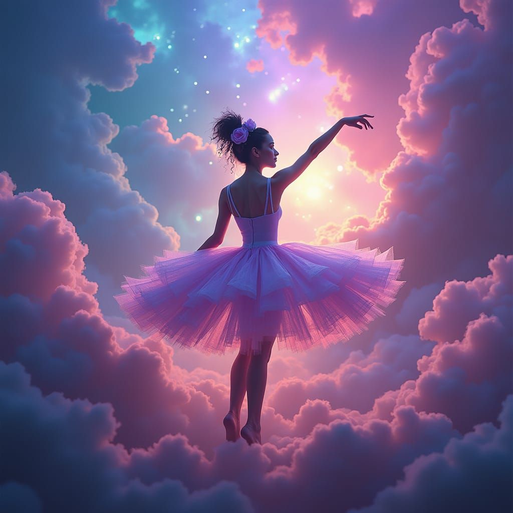 Ethereal Ballerina Dancing in Cosmic Auroral Lights