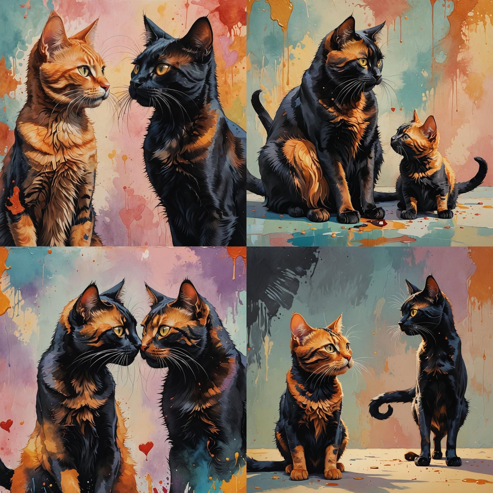 Loving Black Cat and Ginger Cat: Hyperrealistic Splash Art